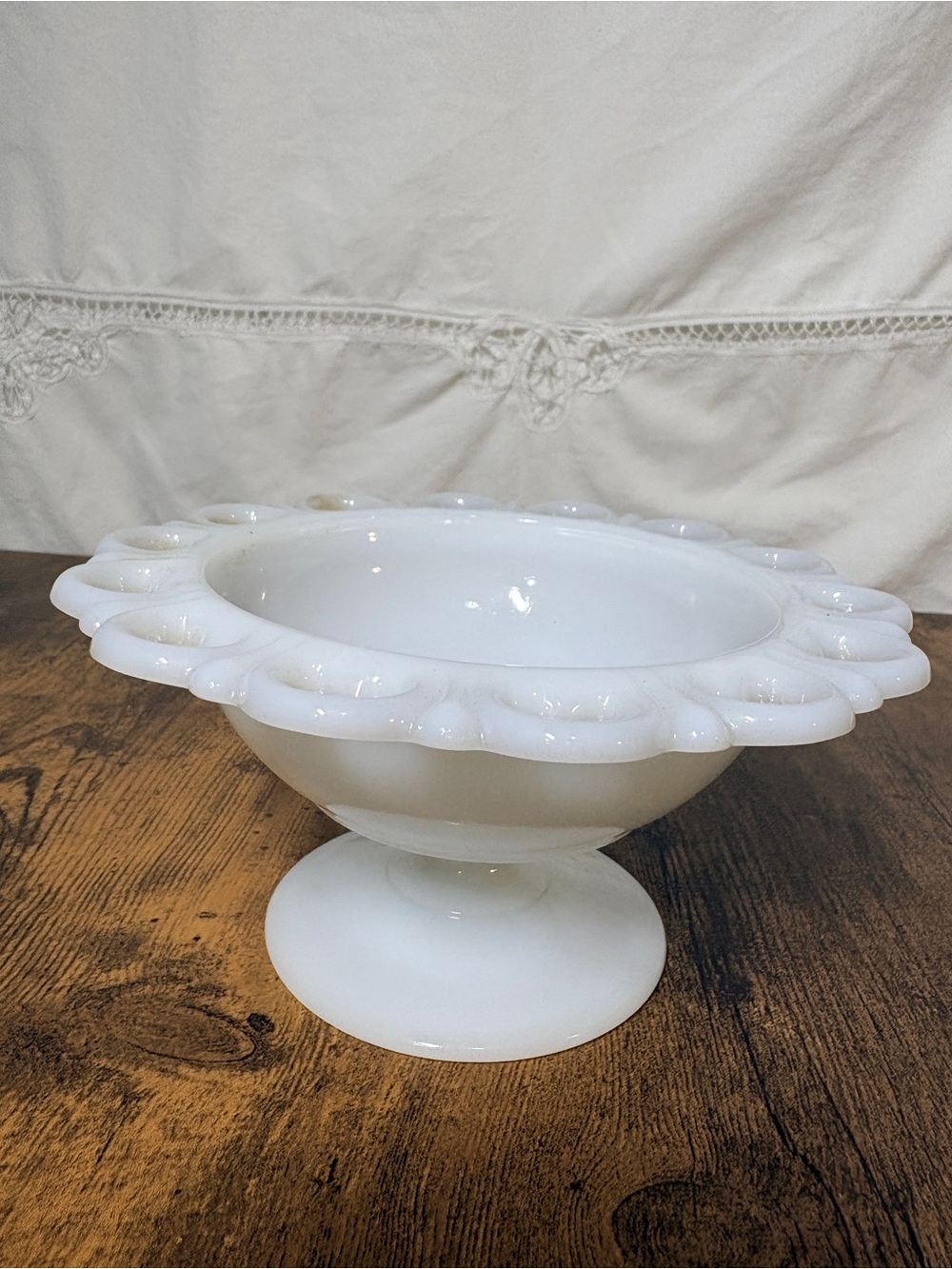 White Milk Glass Pedestal Bowl with Scalloped Rim